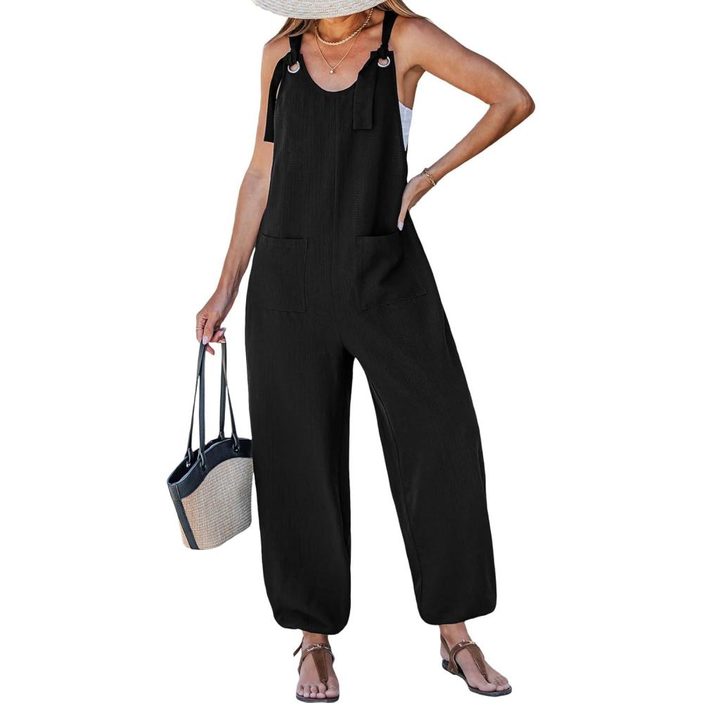 imageCUPSHE One Piece Jumpsuits for Women Dressy Sleeveless Summer Outfits Rompers Comfy Jumpers Beach Vacation Summer OverallsBlack
