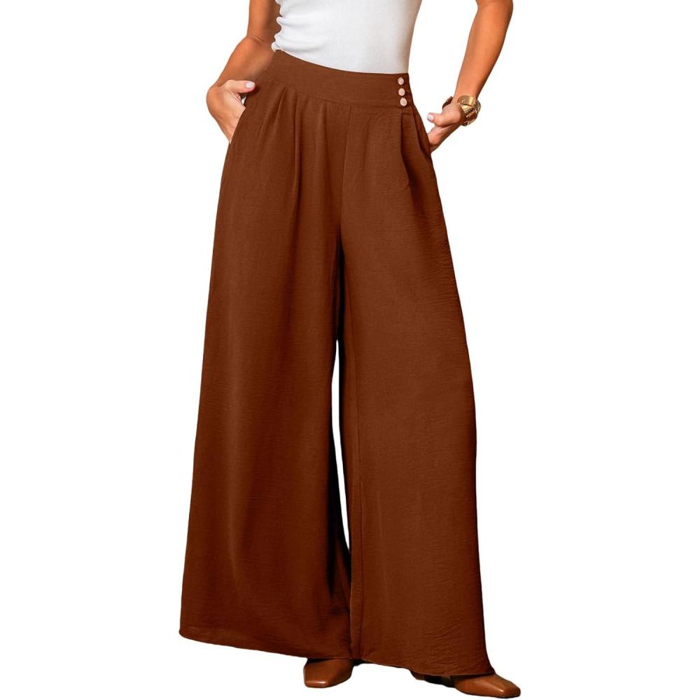imageCUPSHE Pleated Wide Leg Pants for Women with Pockets Loose Lightweight High Waist Flowy Business Casual Pants Beach TrousersBrown