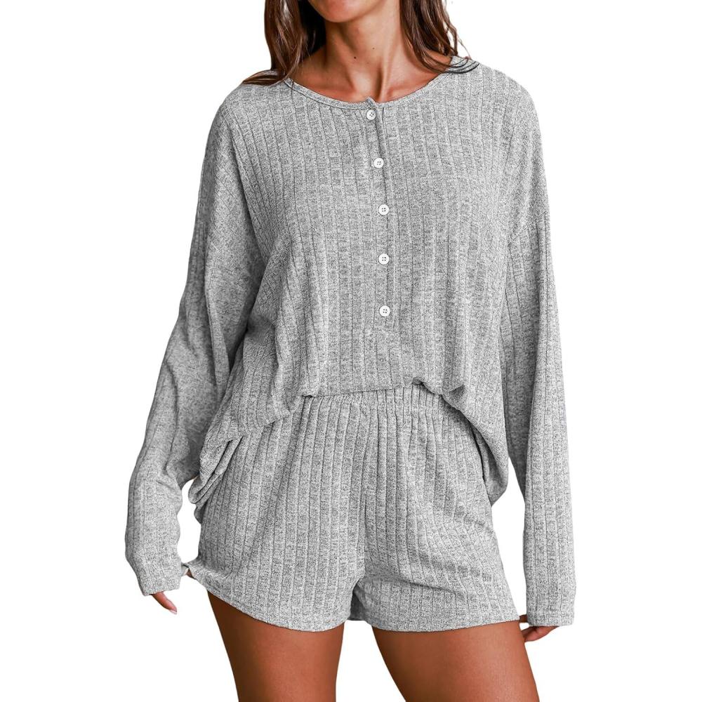 imageCUPSHE Ribbed Knit Long Sleeve and Short Pajama Sets 2 Piece Button Down Long Sleeve PJs for Women Soft LoungewearBgrey