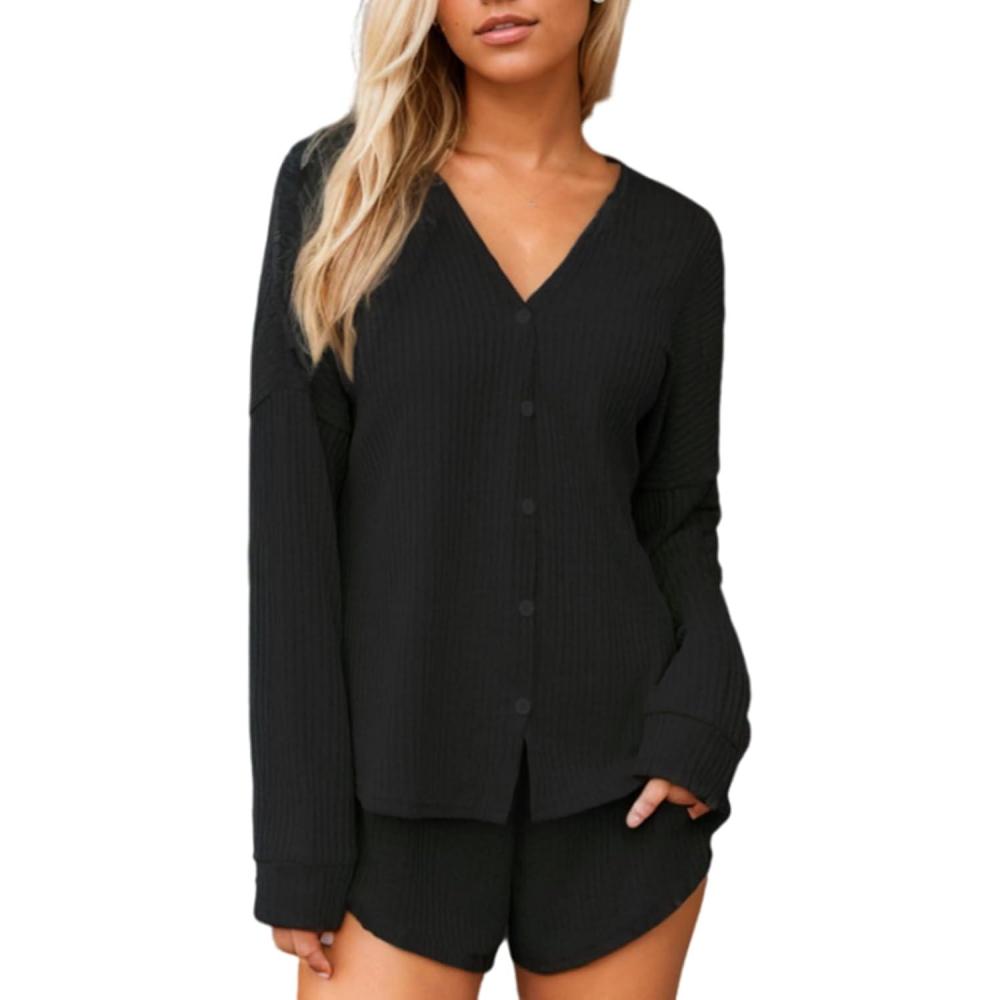 imageCUPSHE Ribbed Knit Long Sleeve and Short Pajama Sets 2 Piece Button Down Long Sleeve PJs for Women Soft LoungewearBlack