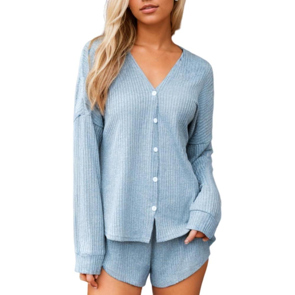 imageCUPSHE Ribbed Knit Long Sleeve and Short Pajama Sets 2 Piece Button Down Long Sleeve PJs for Women Soft LoungewearBlue
