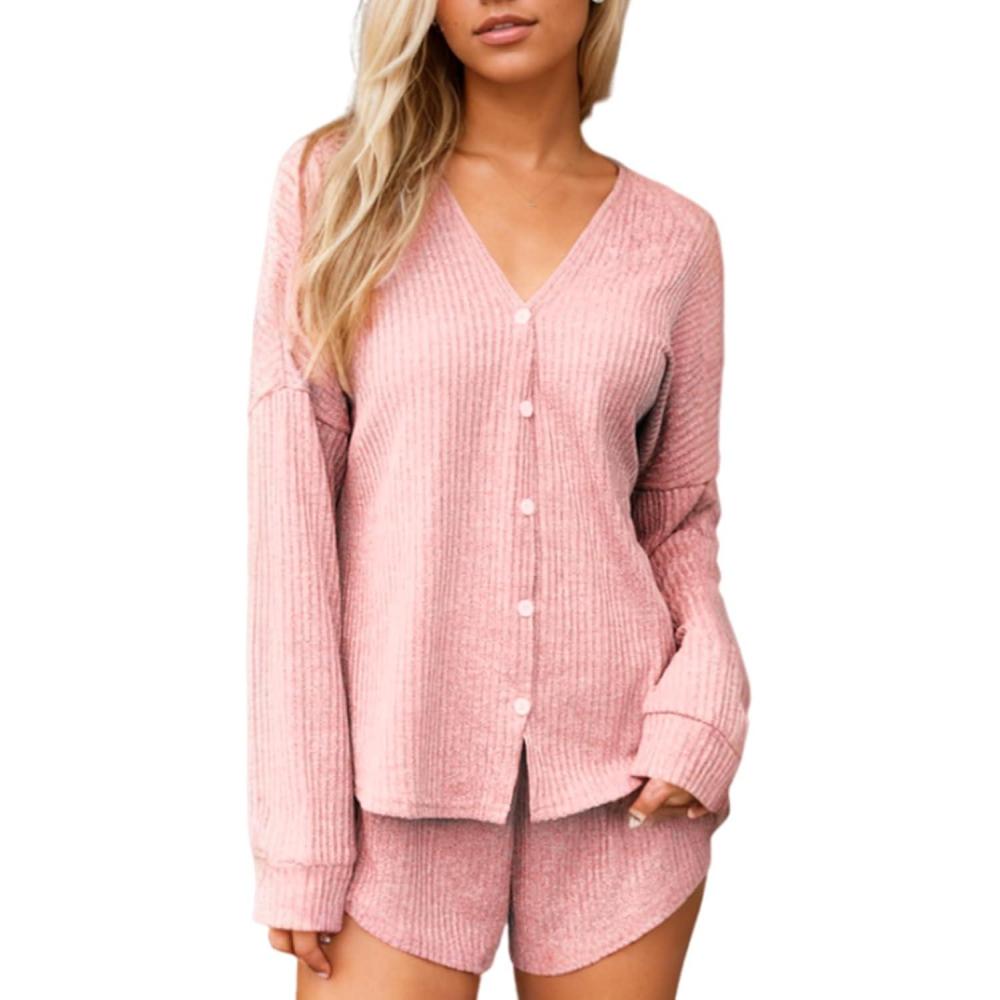 imageCUPSHE Ribbed Knit Long Sleeve and Short Pajama Sets 2 Piece Button Down Long Sleeve PJs for Women Soft LoungewearPink