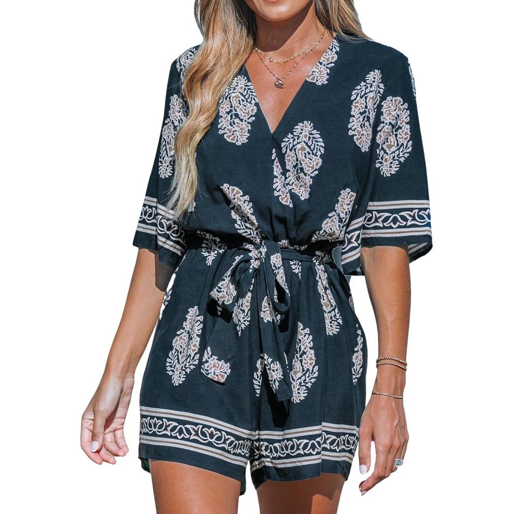 imageCUPSHE Rompers for Women Summer Casual V Neck Sleeveless Short Jumpsuit One Piece Outfit Beach VacationBlack