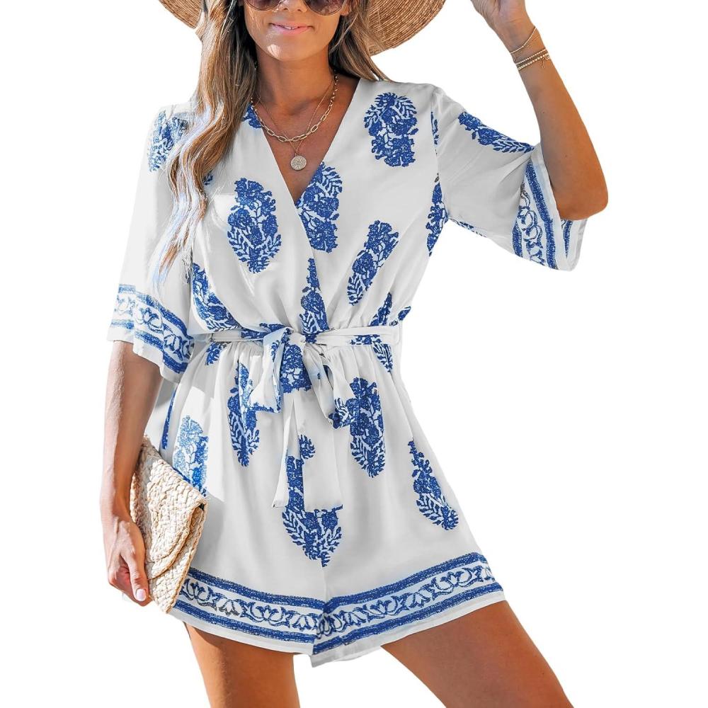 imageCUPSHE Rompers for Women Summer Casual V Neck Sleeveless Short Jumpsuit One Piece Outfit Beach VacationBlue