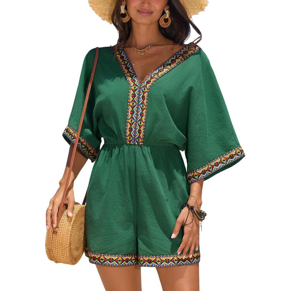 imageCUPSHE Rompers for Women Summer Casual V Neck Sleeveless Short Jumpsuit One Piece Outfit Beach VacationDark Green