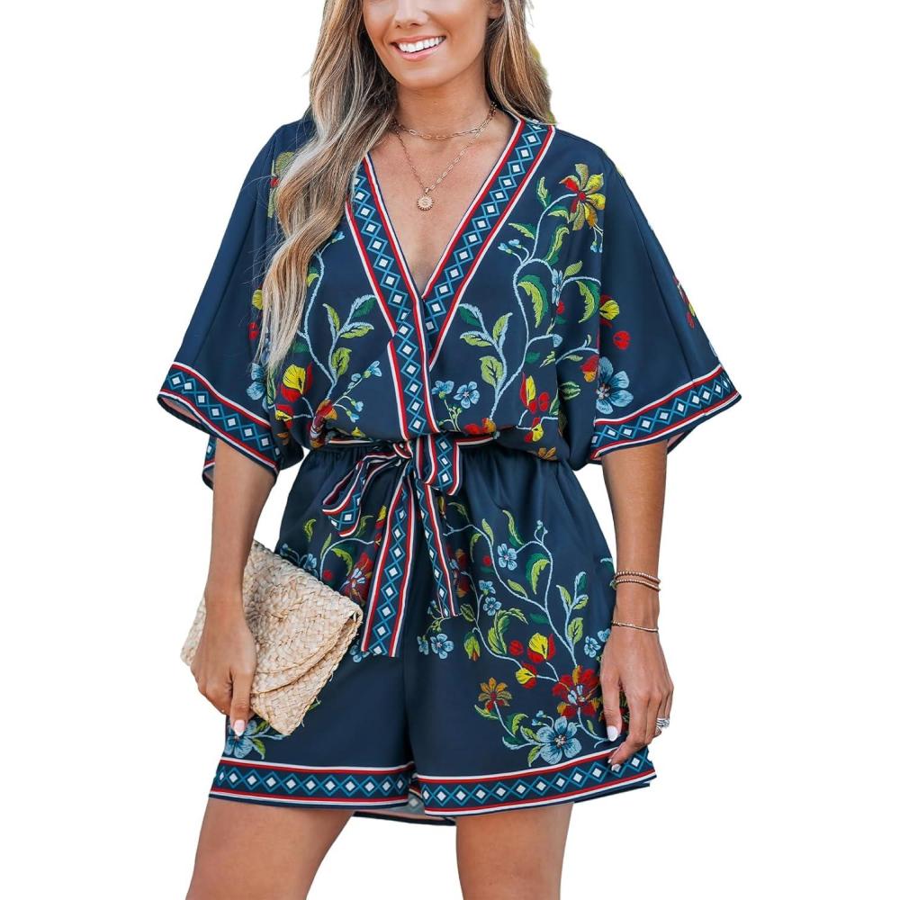 imageCUPSHE Rompers for Women Summer Casual V Neck Sleeveless Short Jumpsuit One Piece Outfit Beach VacationEmerald Blue