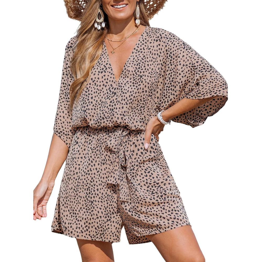imageCUPSHE Rompers for Women Summer Casual V Neck Sleeveless Short Jumpsuit One Piece Outfit Beach VacationLeopard