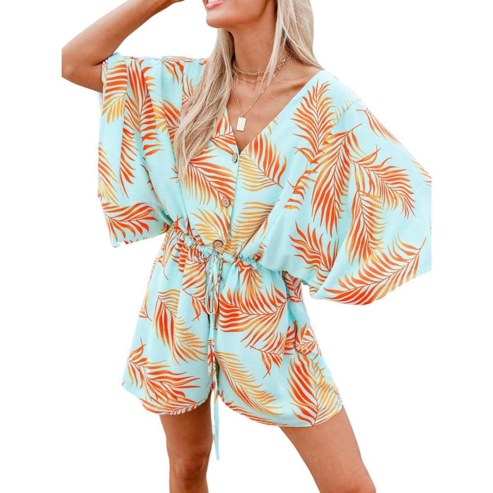 imageCUPSHE Rompers for Women Summer Casual V Neck Sleeveless Short Jumpsuit One Piece Outfit Beach VacationOlive