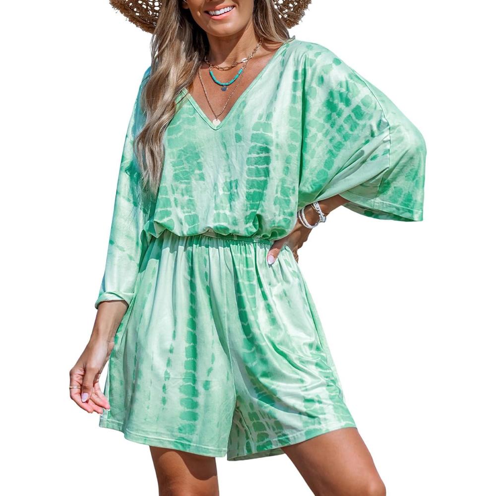 imageCUPSHE Rompers for Women Summer Casual V Neck Sleeveless Short Jumpsuit One Piece Outfit Beach VacationOlive Green