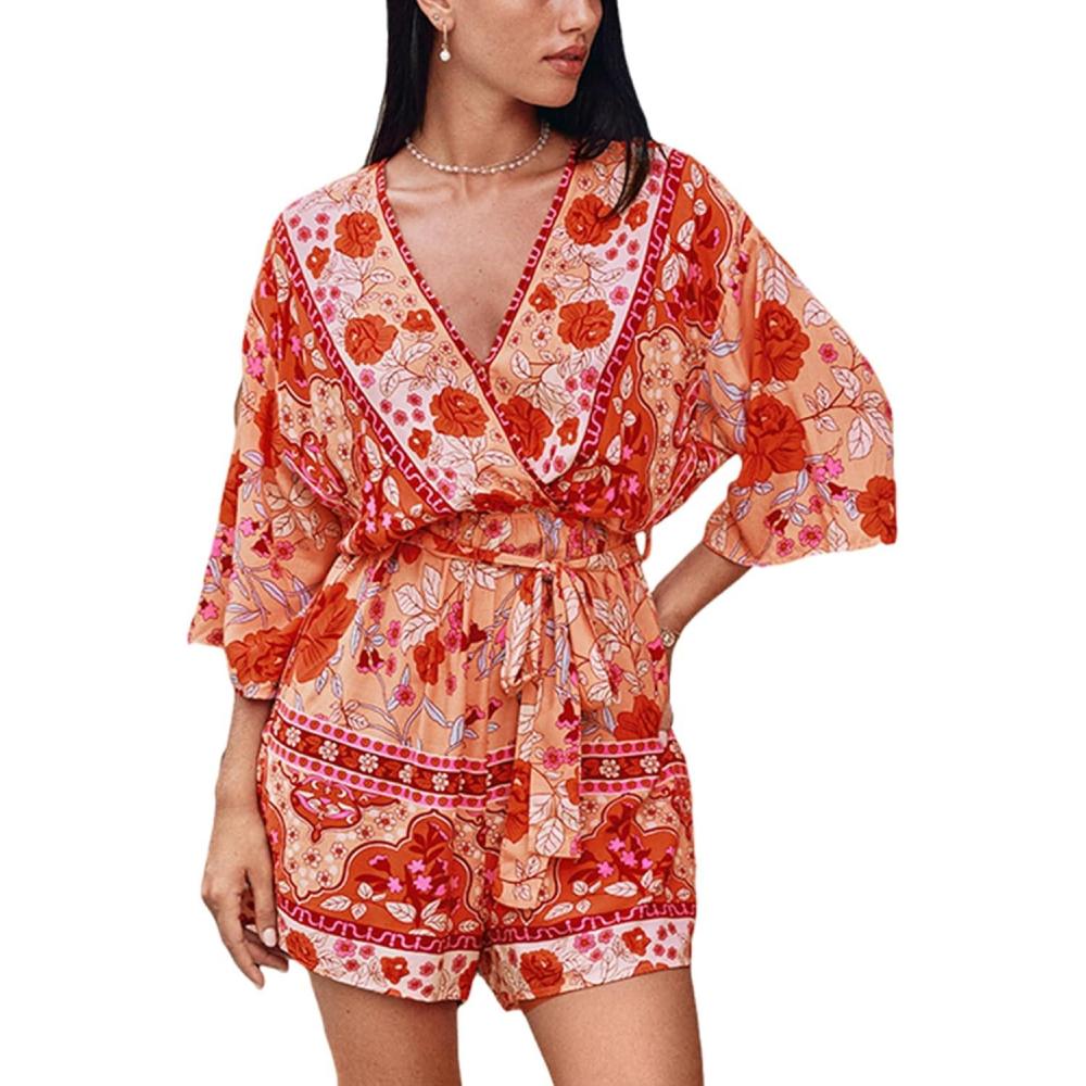 imageCUPSHE Rompers for Women Summer Casual V Neck Sleeveless Short Jumpsuit One Piece Outfit Beach VacationOrange