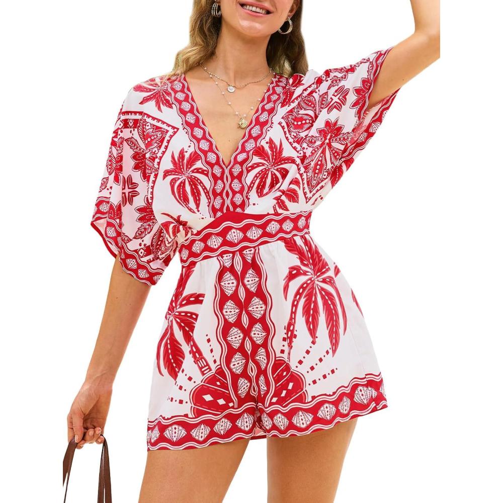 imageCUPSHE Rompers for Women Summer Casual V Neck Sleeveless Short Jumpsuit One Piece Outfit Beach VacationRed Floral