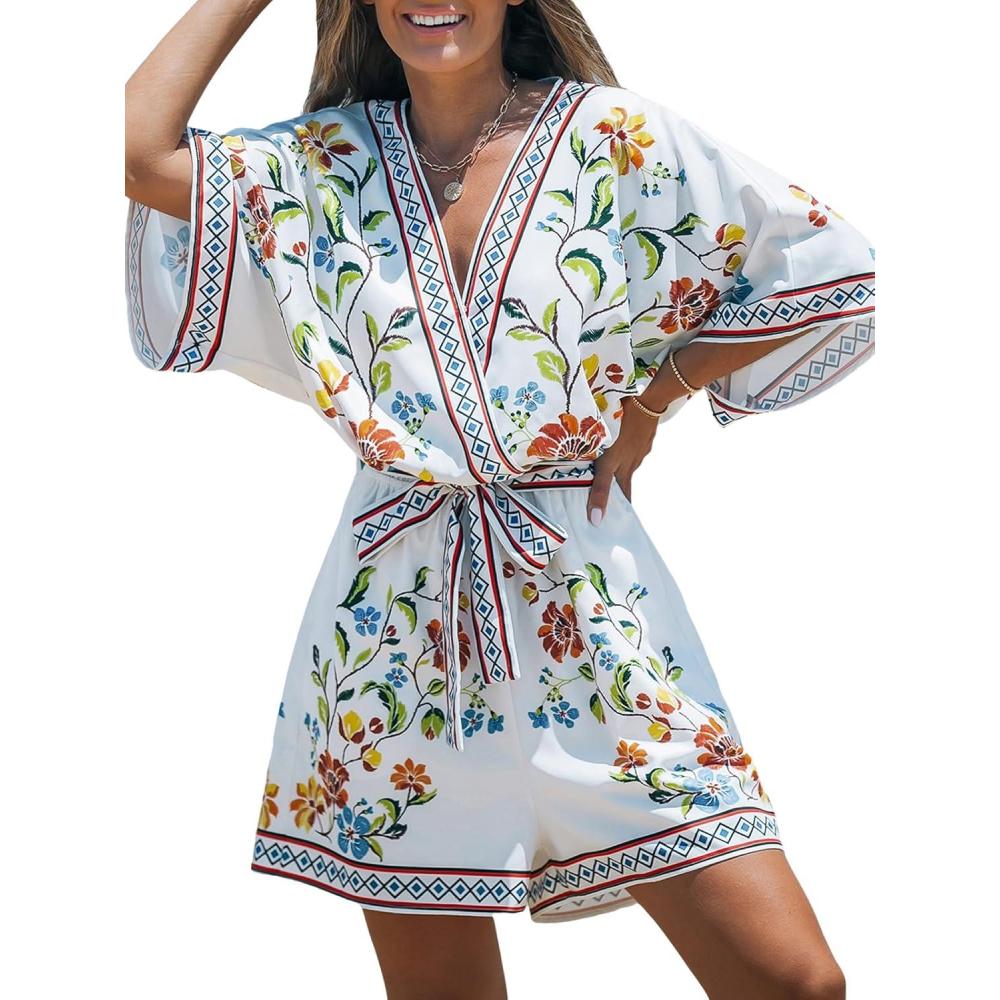 imageCUPSHE Rompers for Women Summer Casual V Neck Sleeveless Short Jumpsuit One Piece Outfit Beach VacationWhite