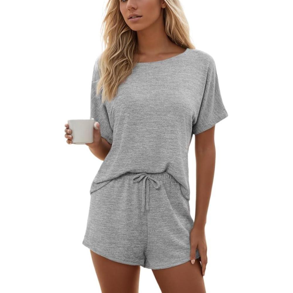 imageCUPSHE Short Sleeve Pajama Sets for Women Casual Crew Neck 2 Piece Lounge SetsGrey