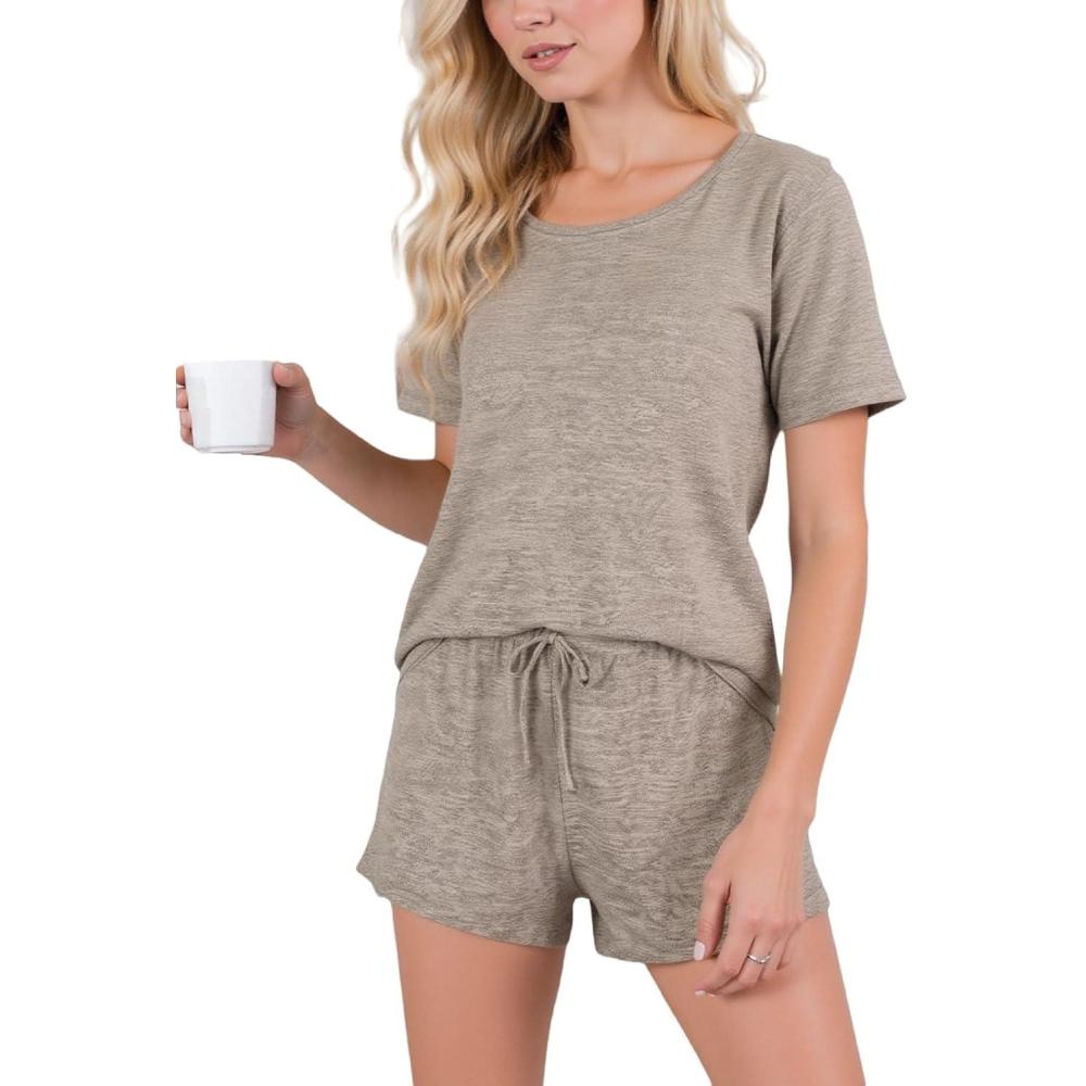 imageCUPSHE Short Sleeve Pajama Sets for Women Casual Crew Neck 2 Piece Lounge SetsKhaki