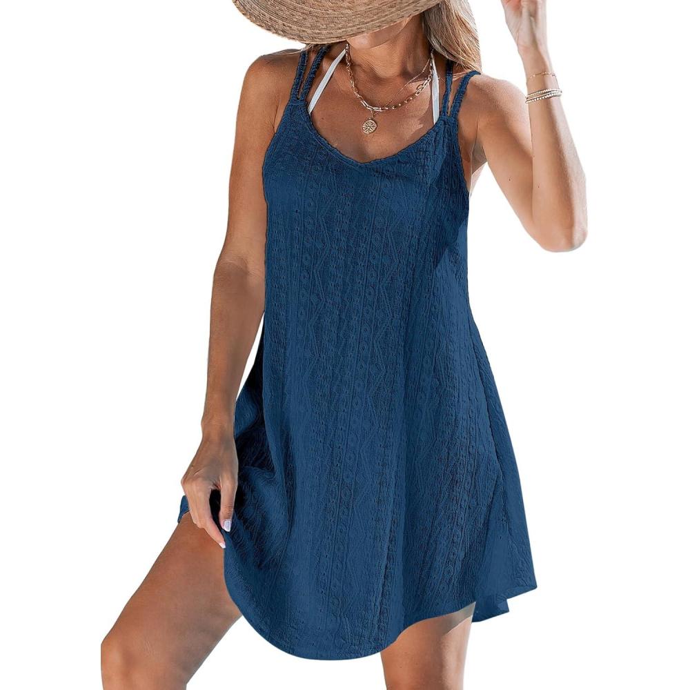 imageCUPSHE Women Bathing Suit Cover Up Spaghetti Straps Swim Beach Dresses Hollow Out Swimsuit Coverup 2026Blue