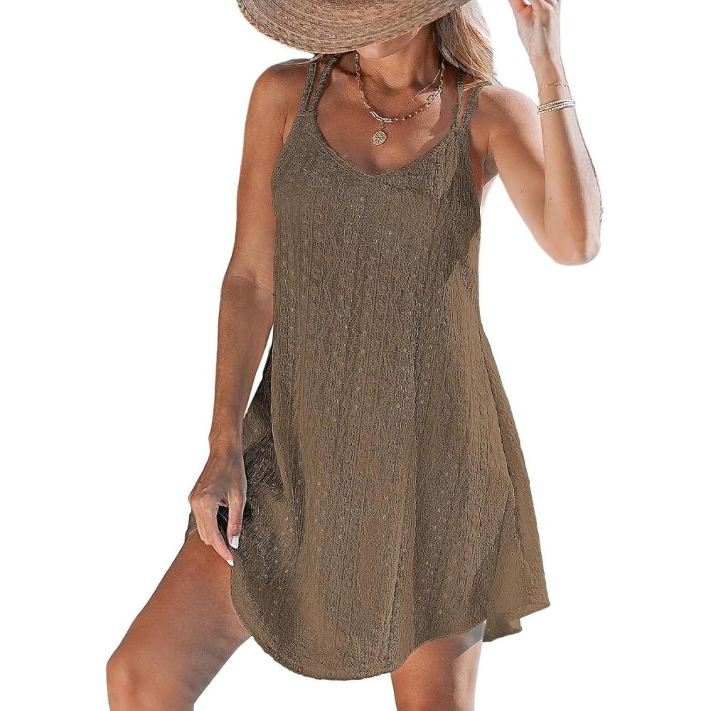 imageCUPSHE Women Bathing Suit Cover Up Spaghetti Straps Swim Beach Dresses Hollow Out Swimsuit Coverup 2026Brown