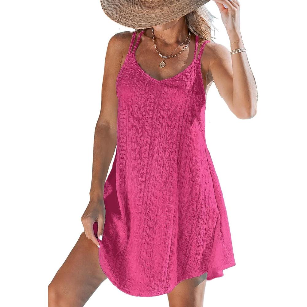 imageCUPSHE Women Bathing Suit Cover Up Spaghetti Straps Swim Beach Dresses Hollow Out Swimsuit Coverup 2026Rose Pink