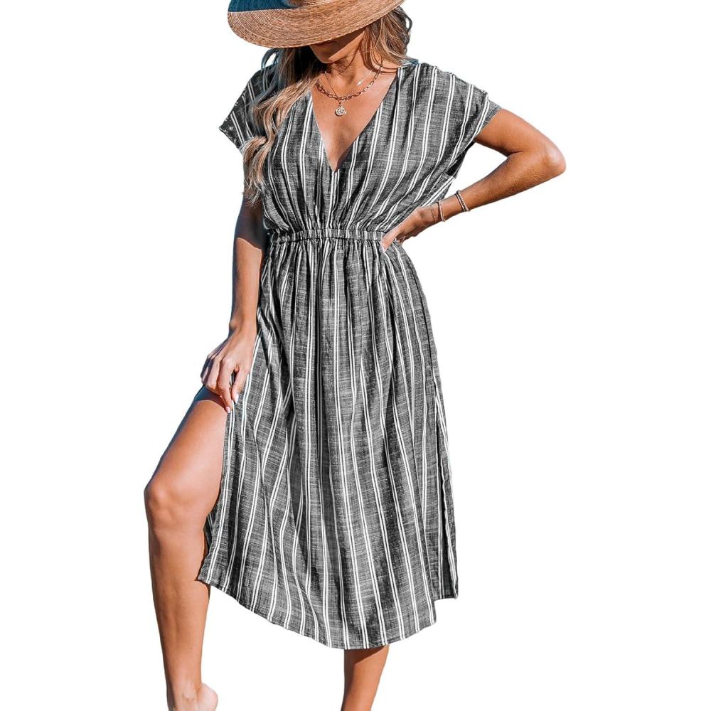 imageCUPSHE Women Beach Cover Up V Neck Short Sleeve Striped Midi Swimsuit Coverup Dress XSXXLBlack Stripes
