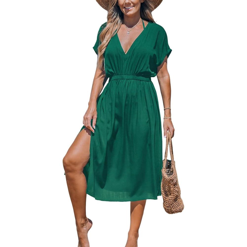 imageCUPSHE Women Beach Cover Up V Neck Short Sleeve Striped Midi Swimsuit Coverup Dress XSXXLSolid Green