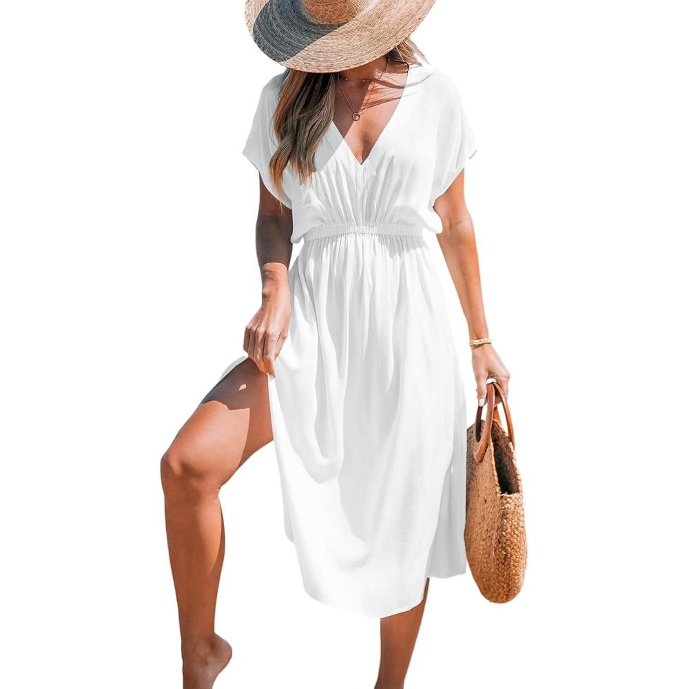 imageCUPSHE Women Beach Cover Up V Neck Short Sleeve Striped Midi Swimsuit Coverup Dress XSXXLSolid White