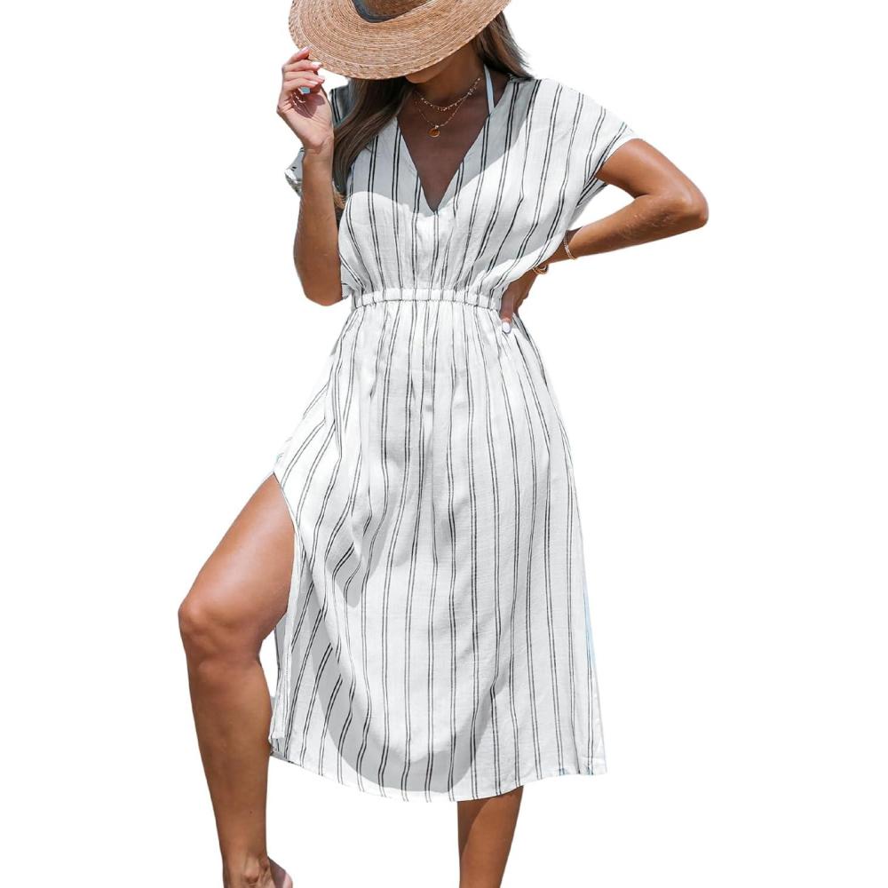imageCUPSHE Women Beach Cover Up V Neck Short Sleeve Striped Midi Swimsuit Coverup Dress XSXXLWhite Stripes