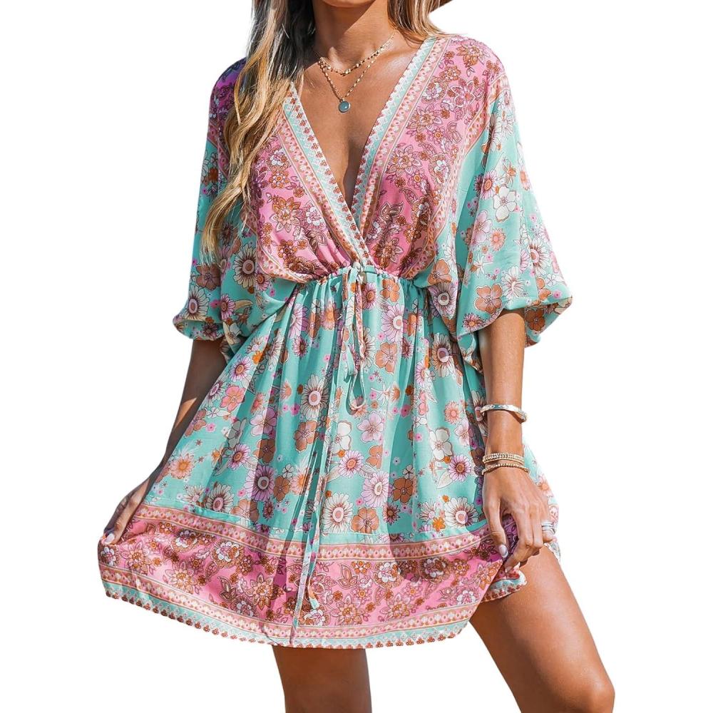 imageCUPSHE Women Casual Boho Sundress Summer Floral Print Tie Front Dress 34 Sleeves Paisley Beach Mini DressesBlue