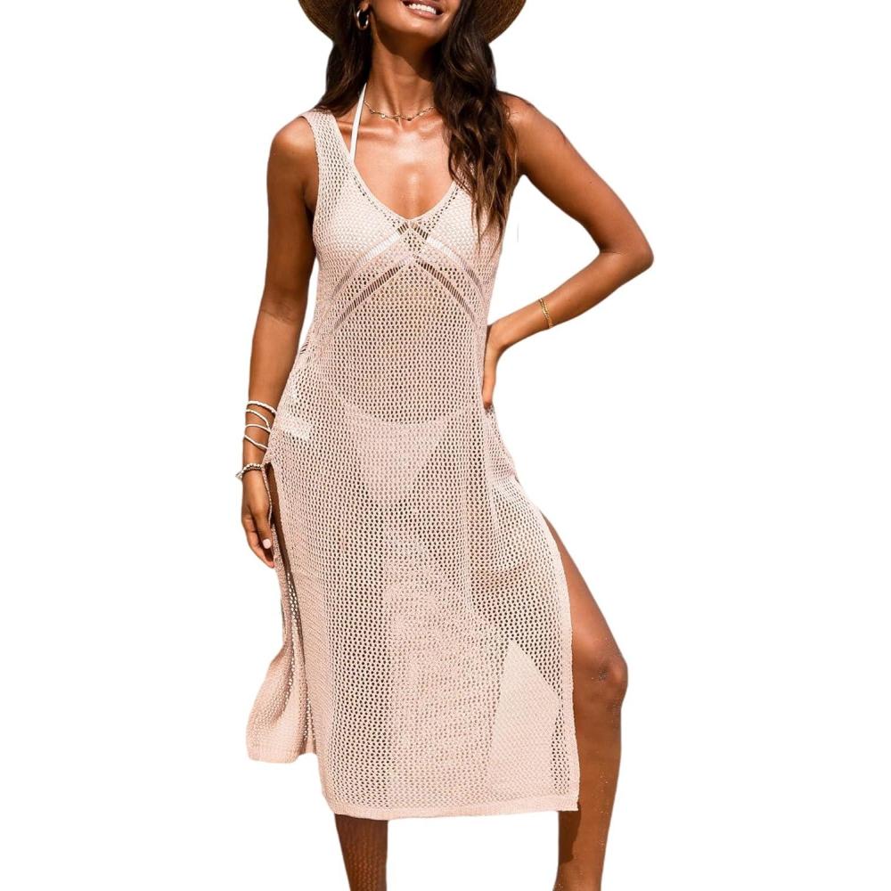 imageCUPSHE Women Crochet Swimsuit Cover Up Sleeveless Hollow Out Long Swimwear Coverup 2026 Split Mesh Beach DressPink