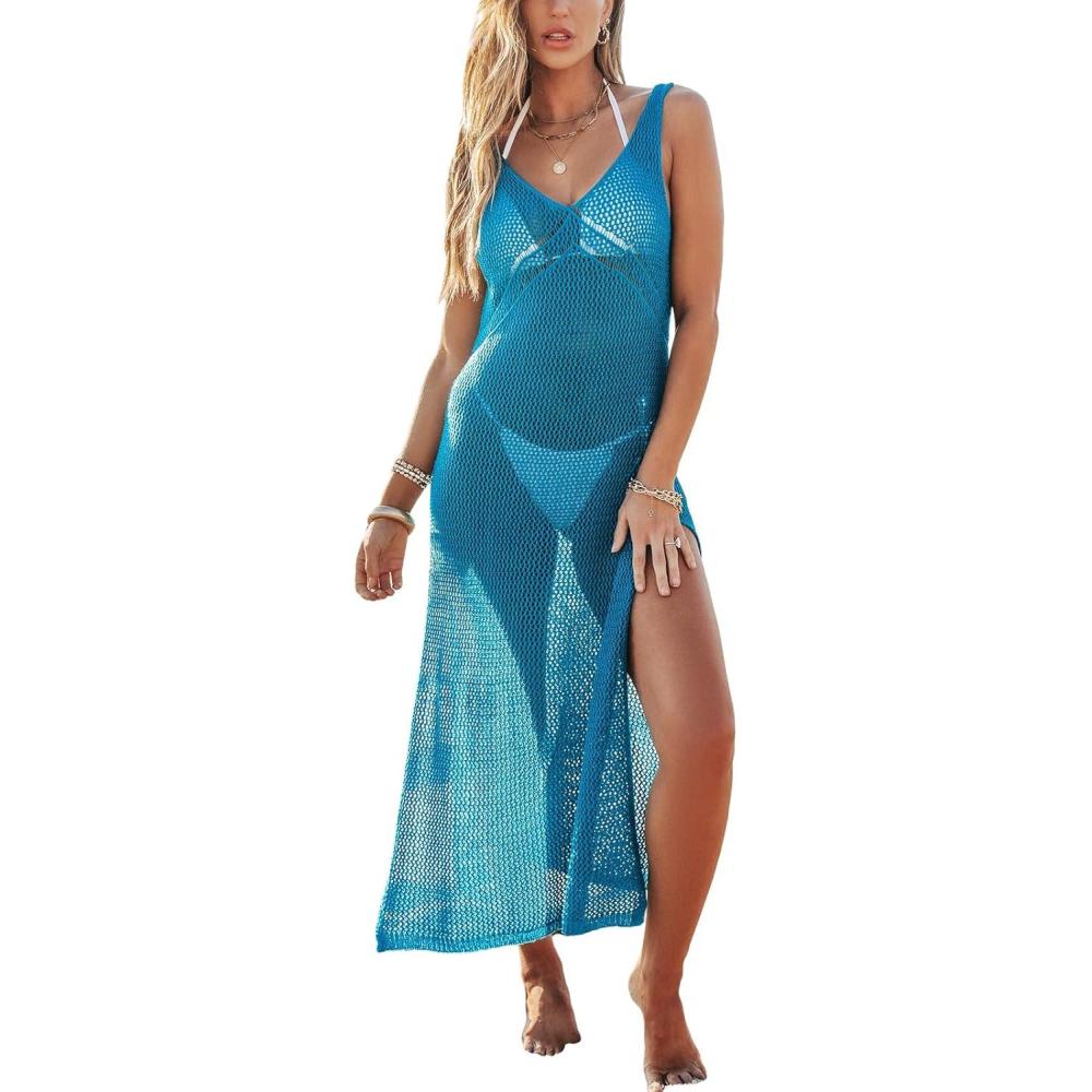 imageCUPSHE Women Crochet Swimsuit Cover Up Sleeveless Hollow Out Long Swimwear Coverup 2026 Split Mesh Beach DressTeal