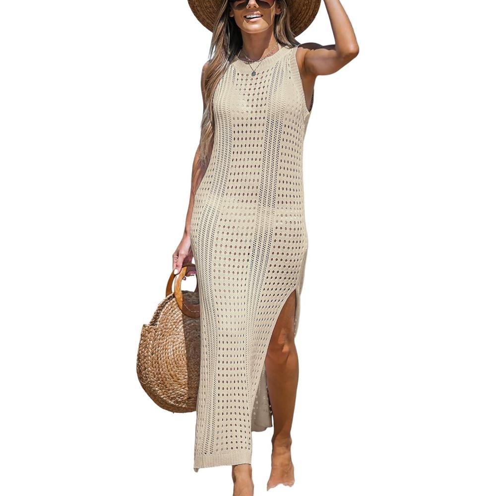 imageCUPSHE Women Cutout Bodycon Maxi CoverUp Dress Crew Neck Sleeveless Cover Up SummerBeige