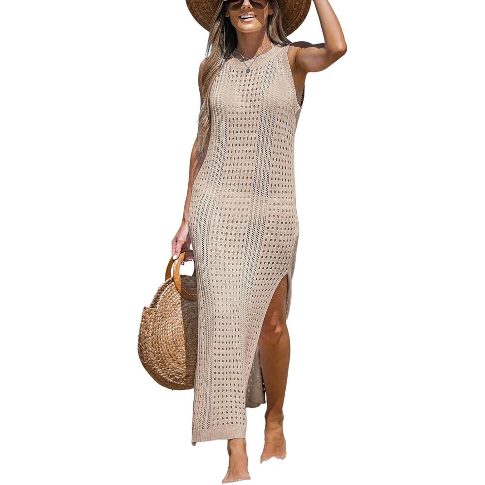 imageCUPSHE Women Cutout Bodycon Maxi CoverUp Dress Crew Neck Sleeveless Cover Up SummerBrown