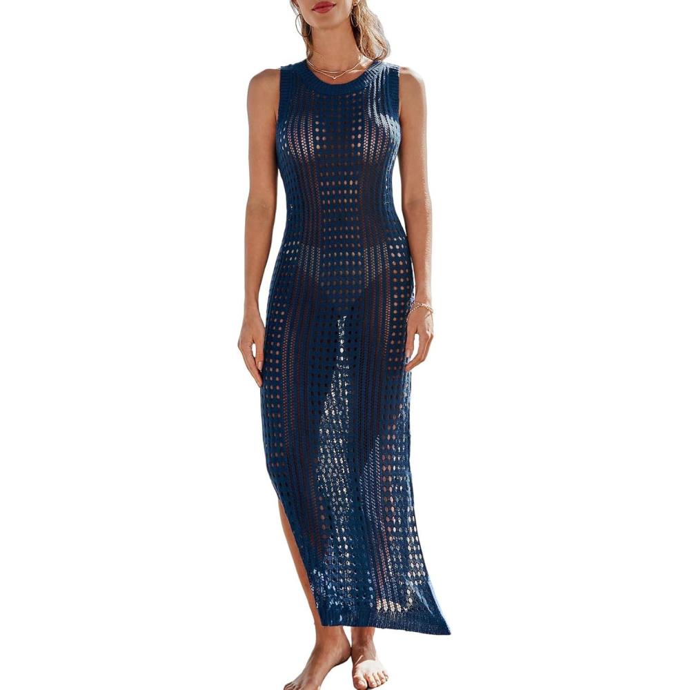 imageCUPSHE Women Cutout Bodycon Maxi CoverUp Dress Crew Neck Sleeveless Cover Up SummerNavy