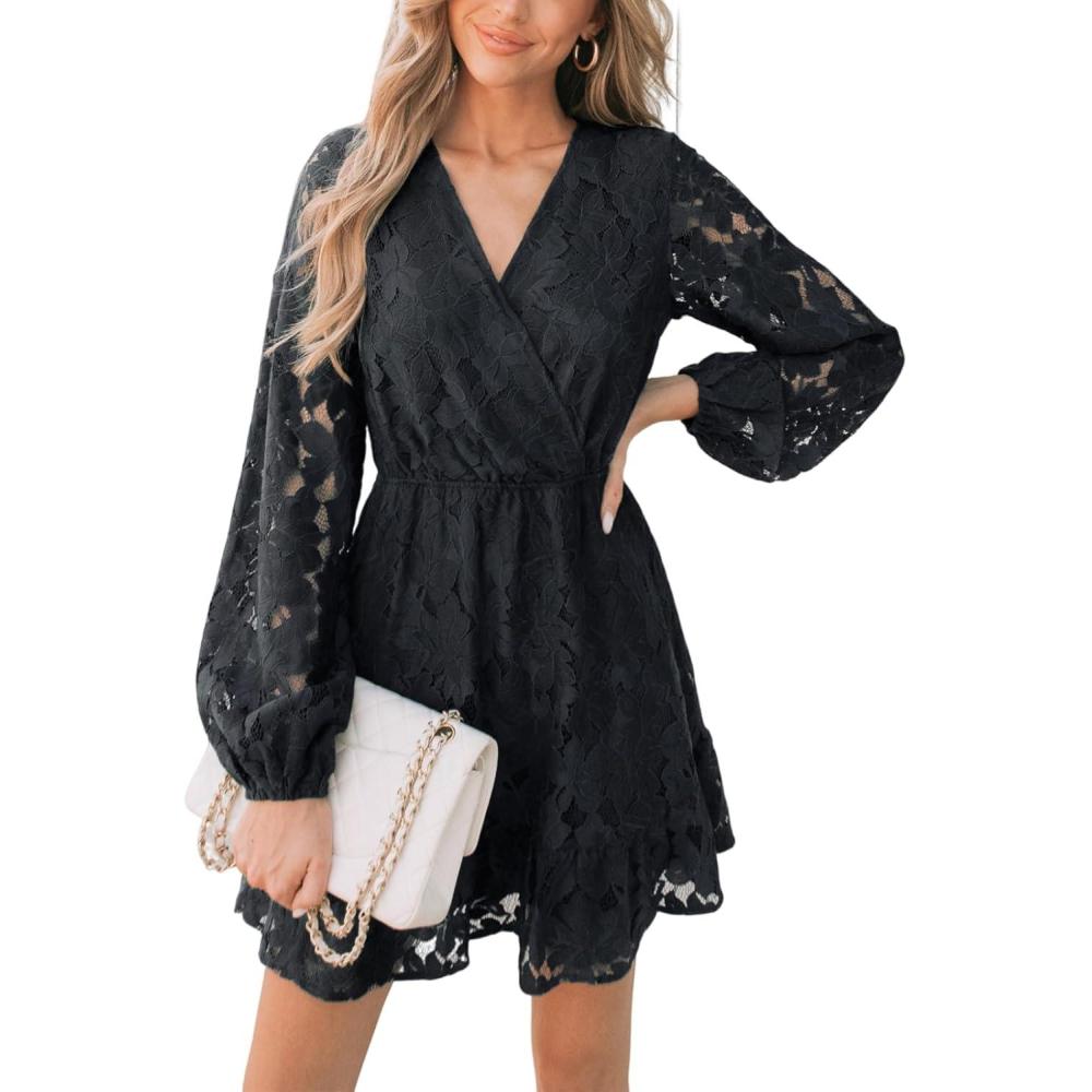 imageCUPSHE Women Elegant V Neck Lace Peasant Sleeve Mini Summer Dress Elastic High Waist A Line Casual Wedding Guest DressBlack