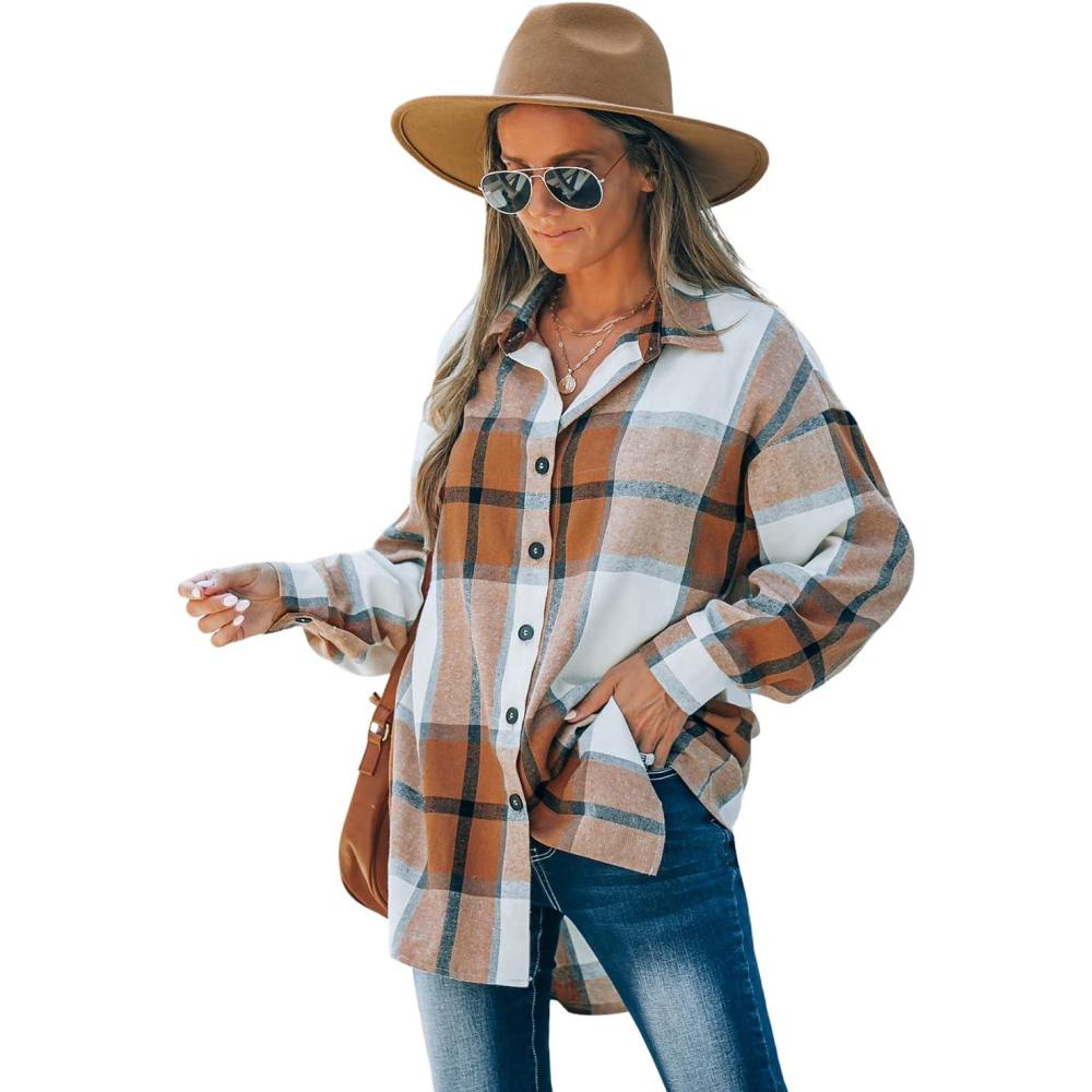 imageCUPSHE Women Long Sleeve Plaid Button Down Tops Casual V Neck Oversized Shirt BlouseMulticoloured