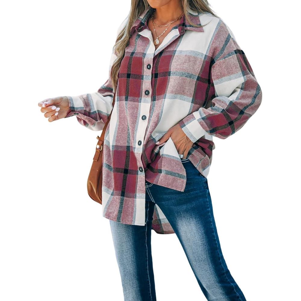 imageCUPSHE Women Long Sleeve Plaid Button Down Tops Casual V Neck Oversized Shirt BlouseRed