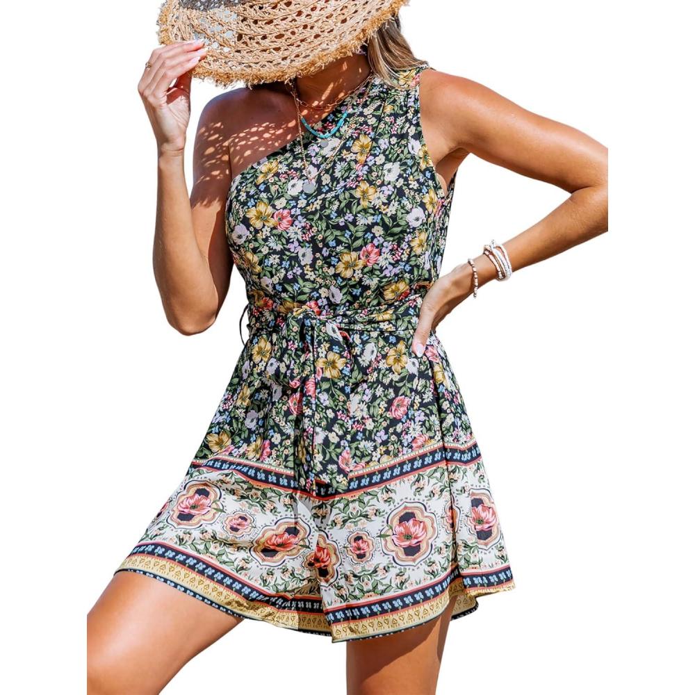 imageCUPSHE Women Mini Romper One Shoulder Casual Floral Belted Jumpsuit Summer Overall Wide leg OutfitBlack Floral