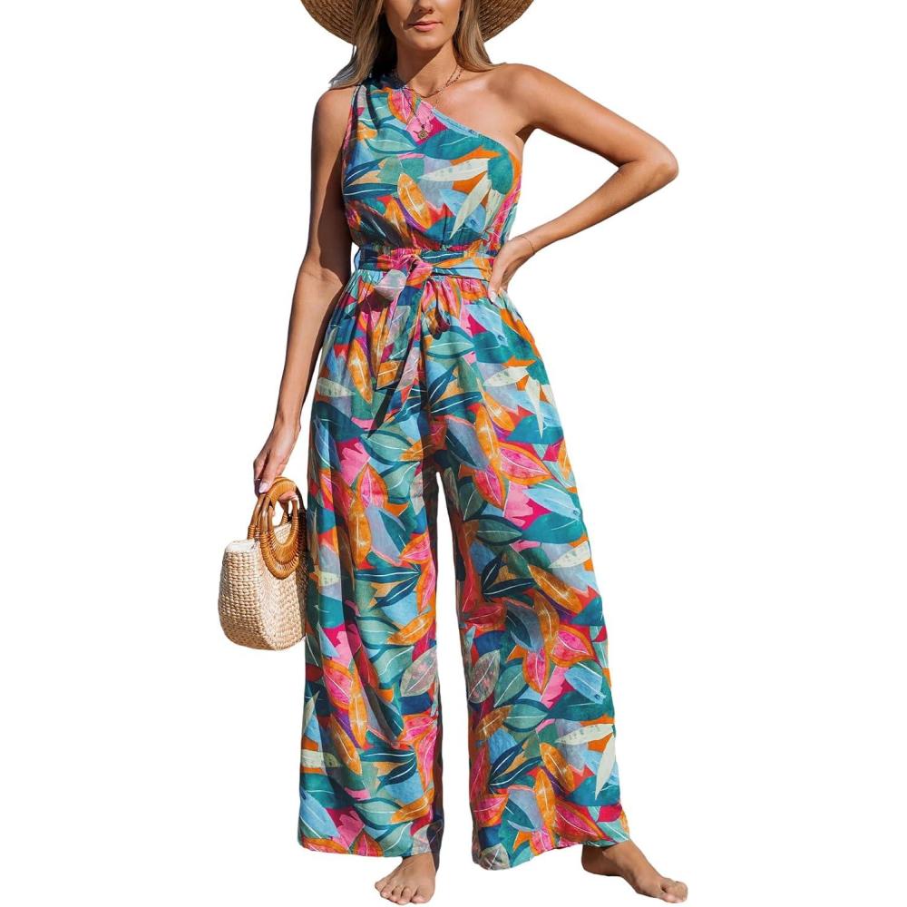 imageCUPSHE Women One Shoulder Summer Jumpsuit with Pocket Elastic Waist Tie Overall Wide Leg Casual Beach Holiday RomperTropical Multicolor