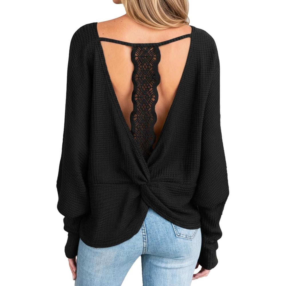 imageCUPSHE Women Open Back Long Sleeve Tops Trendy Going Out Casual Basic ShirtsBlack