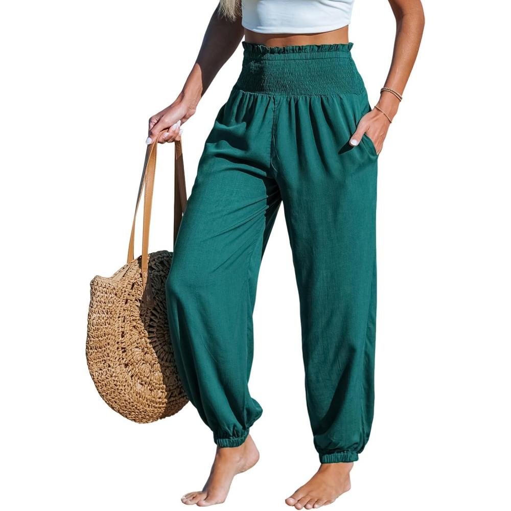 imageCUPSHE Women Pants Smocked Pockets Waist Wide Leg Ruffle Loose Fit Pant Casual Beach Green M