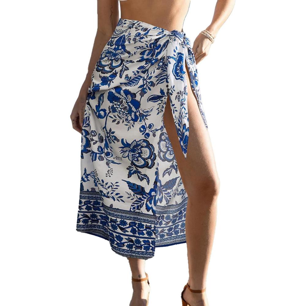 imageCUPSHE Women Sarong Swimsuit Cover Ups Side Tie Midi Beach Bathing Suit CoverupsBlue Floral