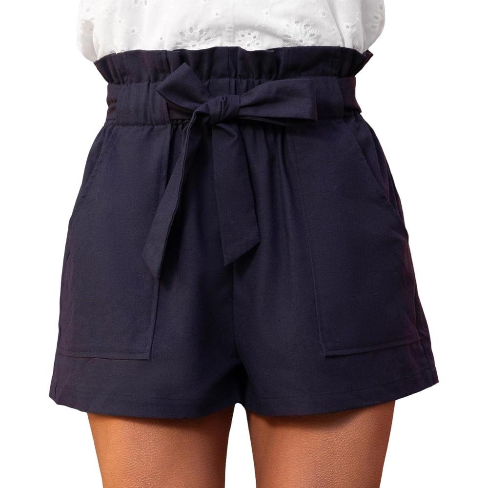 imageCUPSHE Women Summer Shorts with Pockets Bowknot Tie Waist Wide Leg Short High Waisted Casual Beach Vacation OutfitsNavy Blue