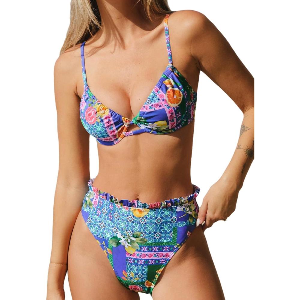 imageCUPSHE Women Swimsuit Bikini Set High Waisted Push Up Cheeky Drawstring Two Piece Bathing SuitIndigo BlueFruit
