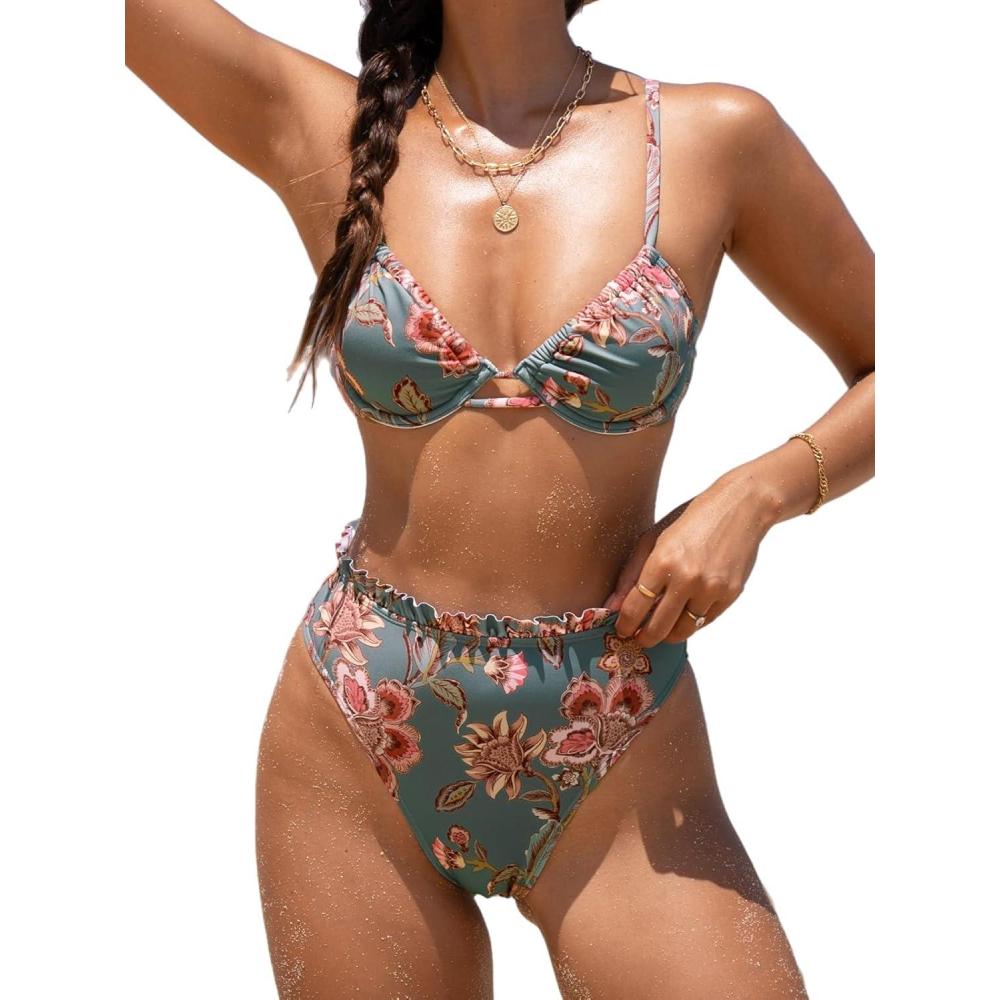 imageCUPSHE Women Swimsuit Bikini Set High Waisted Push Up Cheeky Drawstring Two Piece Bathing SuitSage GreenPink Floral