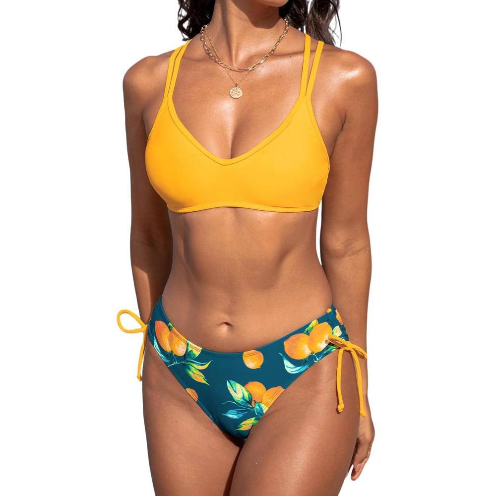 imageCUPSHE Women Swimsuit Bikini Set Two Piece Bathing Suit Criss Cross Back Strappy Side with Double Spaghetti StrapsLemon YellowLemon