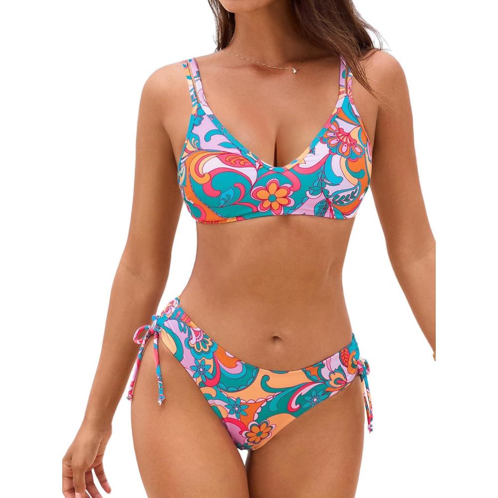 imageCUPSHE Women Swimsuit Bikini Set Two Piece Bathing Suit Criss Cross Back Strappy Side with Double Spaghetti StrapsMulti ColorPaisley
