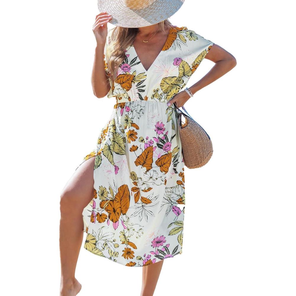 imageCUPSHE Women Swimsuit Cover Up Midi V Neck Short Sleeve Tropical Beach Coverup DressBeige Floral