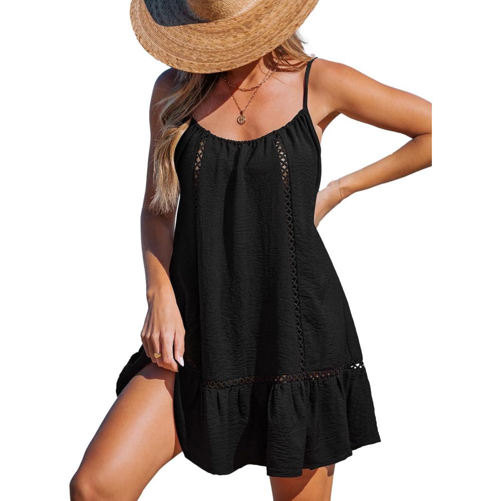 imageCUPSHE Women Swimsuit Cover Up Sleeveless Spaghetti Straps Summer Beach DressBlack