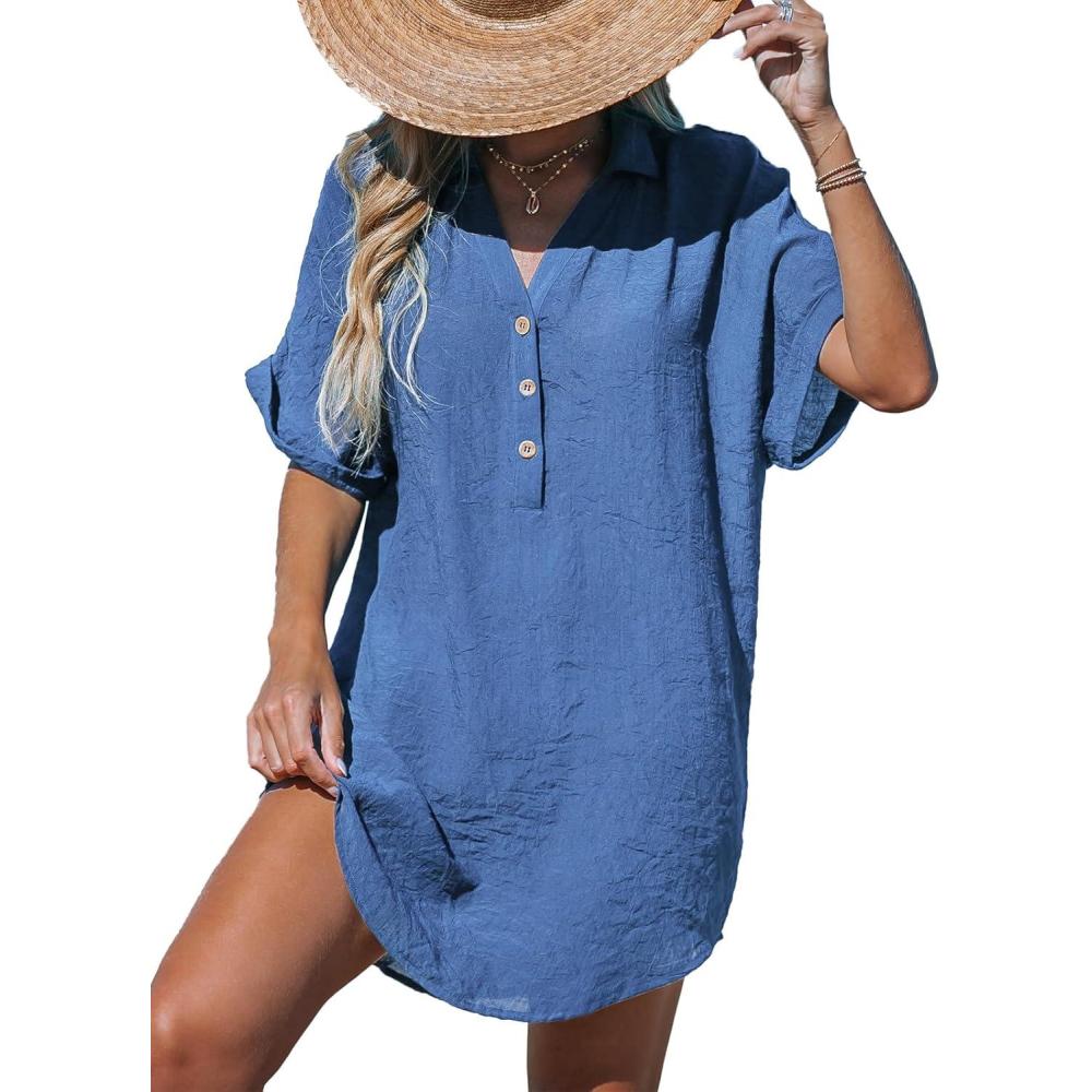imageCUPSHE Women Swimsuit Cover Up V Neck Short Sleeve Button Front Beach Coverup Shirt DressAzure Color