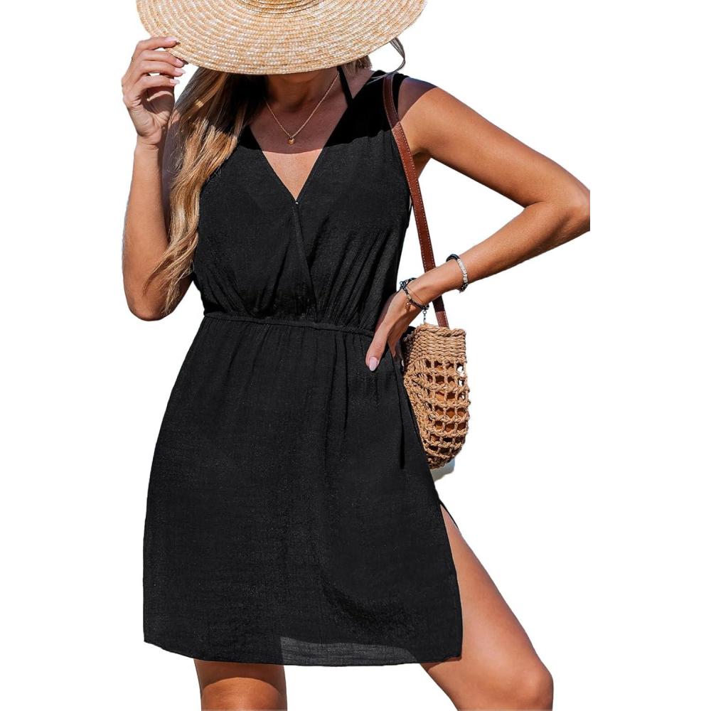imageCUPSHE Women Swimsuit Cover Up V Neck Wrap Beach Swimwear Coverup DressBlack