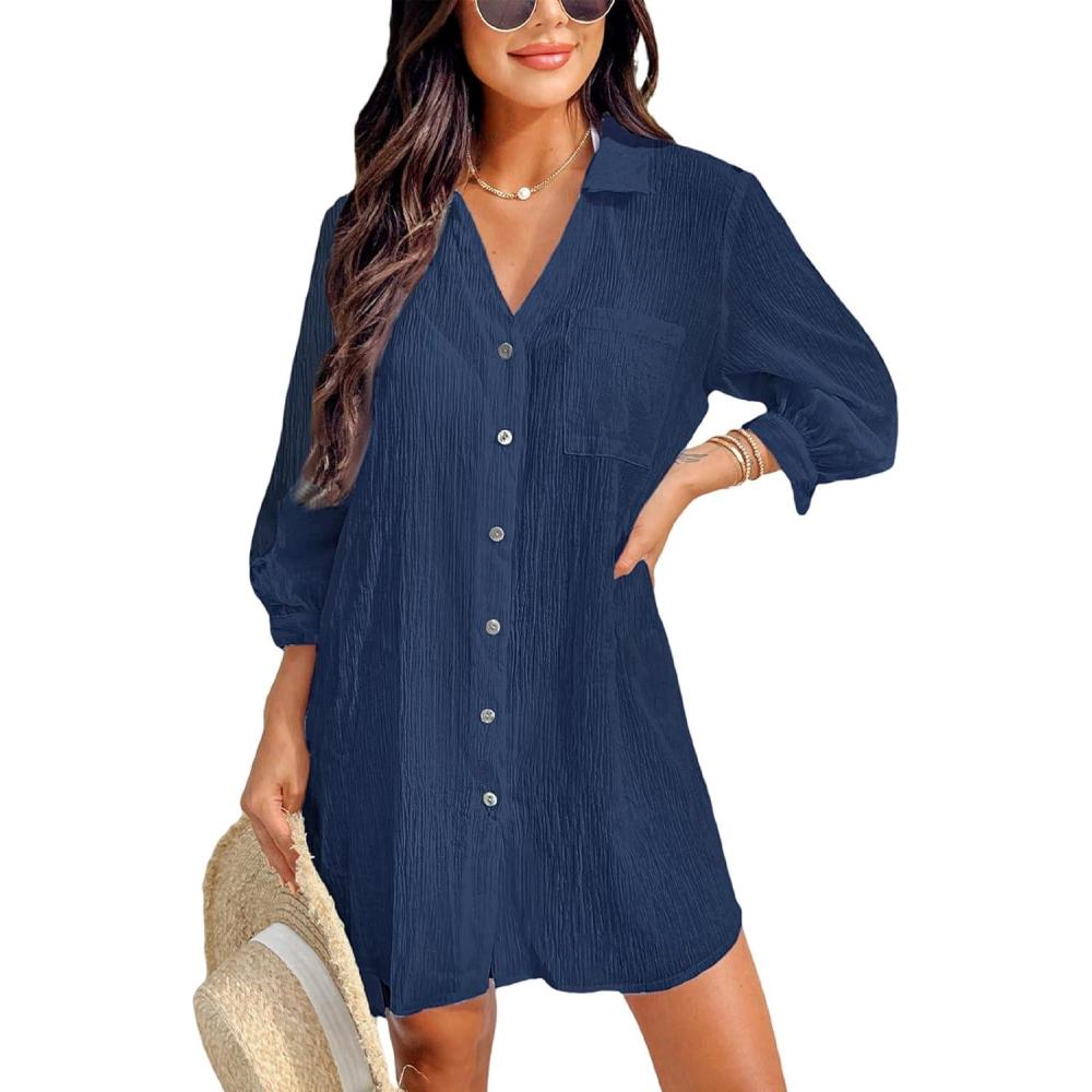 imageCUPSHE Women Swimsuit Coverup Button Down Casual Shirt Dress V Neck Beach Cover Ups with Pockets XSXLDark Blue