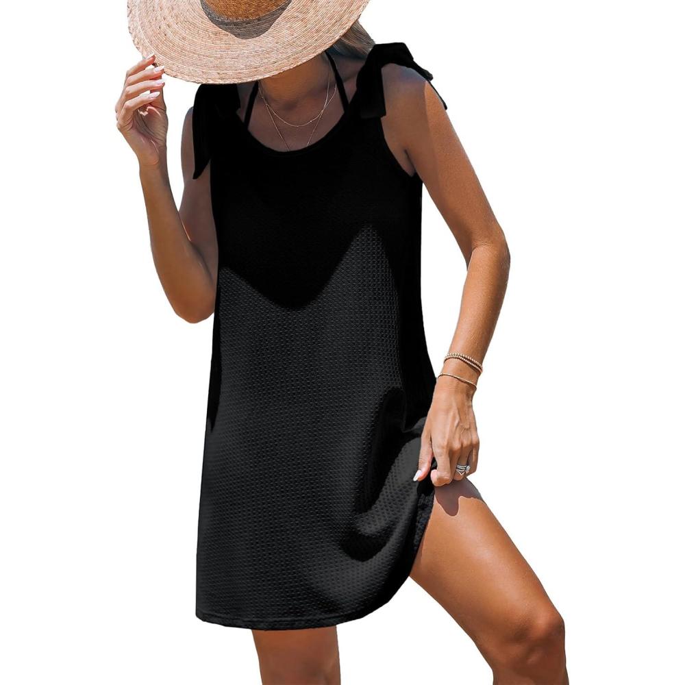 imageCUPSHE Women Swimsuit Coverup Sleeveless Tie Shoulder Bathing Suit Cover Ups Knit Beach Mini DressBlack